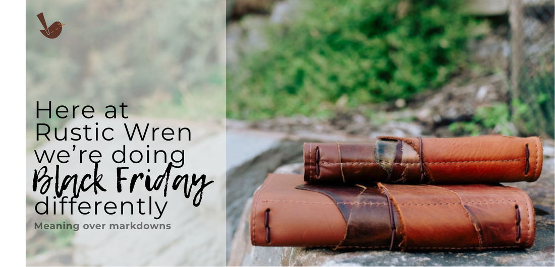 Handcrafted full-grain leather notebook on the workbench at Rustic Wren