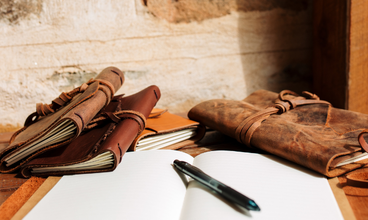 Full-grain leather pieces in the Rustic Wren studio